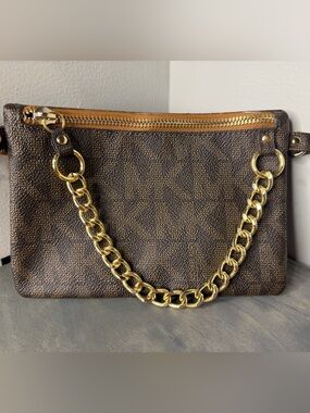 Michael Kors Dark Brown Wristlet Bag with Gold Chain
